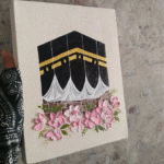 3D Floral Kaaba Wall Art  Hand-Painted Textured Islamic Painting with Pink Flowers | Luxury Makkah Decor & Hajj Gift