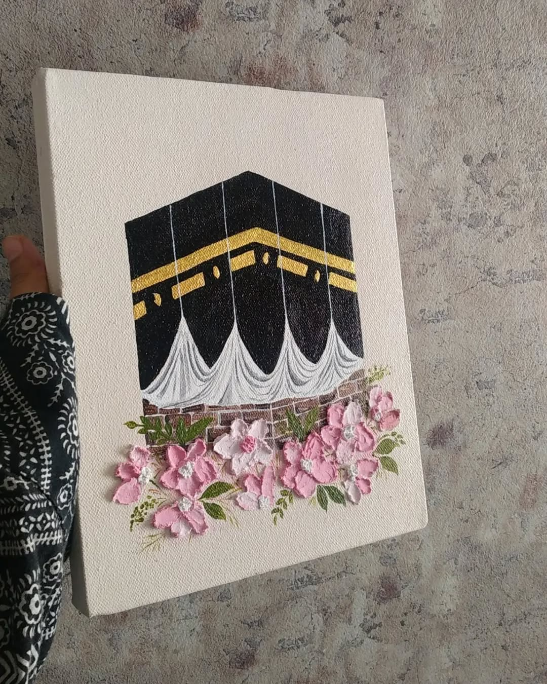 Converted 3D Floral Kaaba Wall Art Hand-Painted Textured Islamic Painting with Pink Flowers | Luxury Makkah Decor & Hajj Gift - Image 1