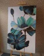 Modern Floral Wall Art with Gold Relief  Hand-Painted Teal & Blue Flower Canvas - Image 2