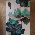 Modern Floral Wall Art with Gold Relief  Hand-Painted Teal & Blue Flower Canvas