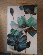 Modern Floral Wall Art with Gold Relief  Hand-Painted Teal & Blue Flower Canvas