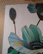 Modern Floral Wall Art with Gold Relief  Hand-Painted Teal & Blue Flower Canvas - Image 3