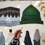 The Two Holy Sanctuaries Islamic Wall Art Hand-Painted Kaaba & Medina Green Dome Painting