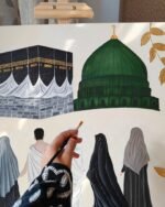 The Two Holy Sanctuaries Islamic Wall Art Hand-Painted Kaaba & Medina Green Dome Painting