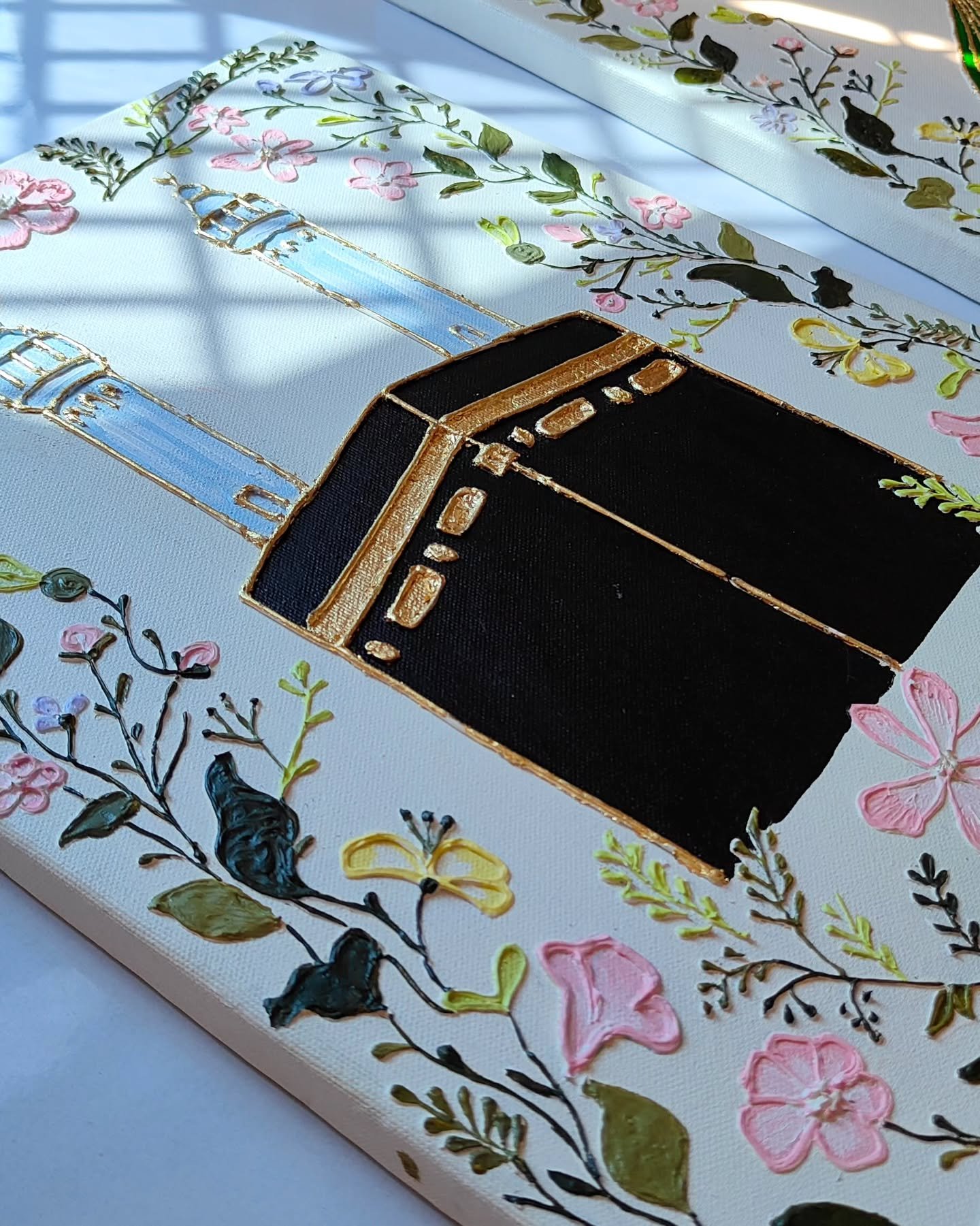 Sana_Mirza_Calligraphy_Art_2110 3D Floral Kaaba Wall Art Textured Makkah Painting with Gold Relief | Luxury Islamic Home Decor & Hajj Gift - Image 1