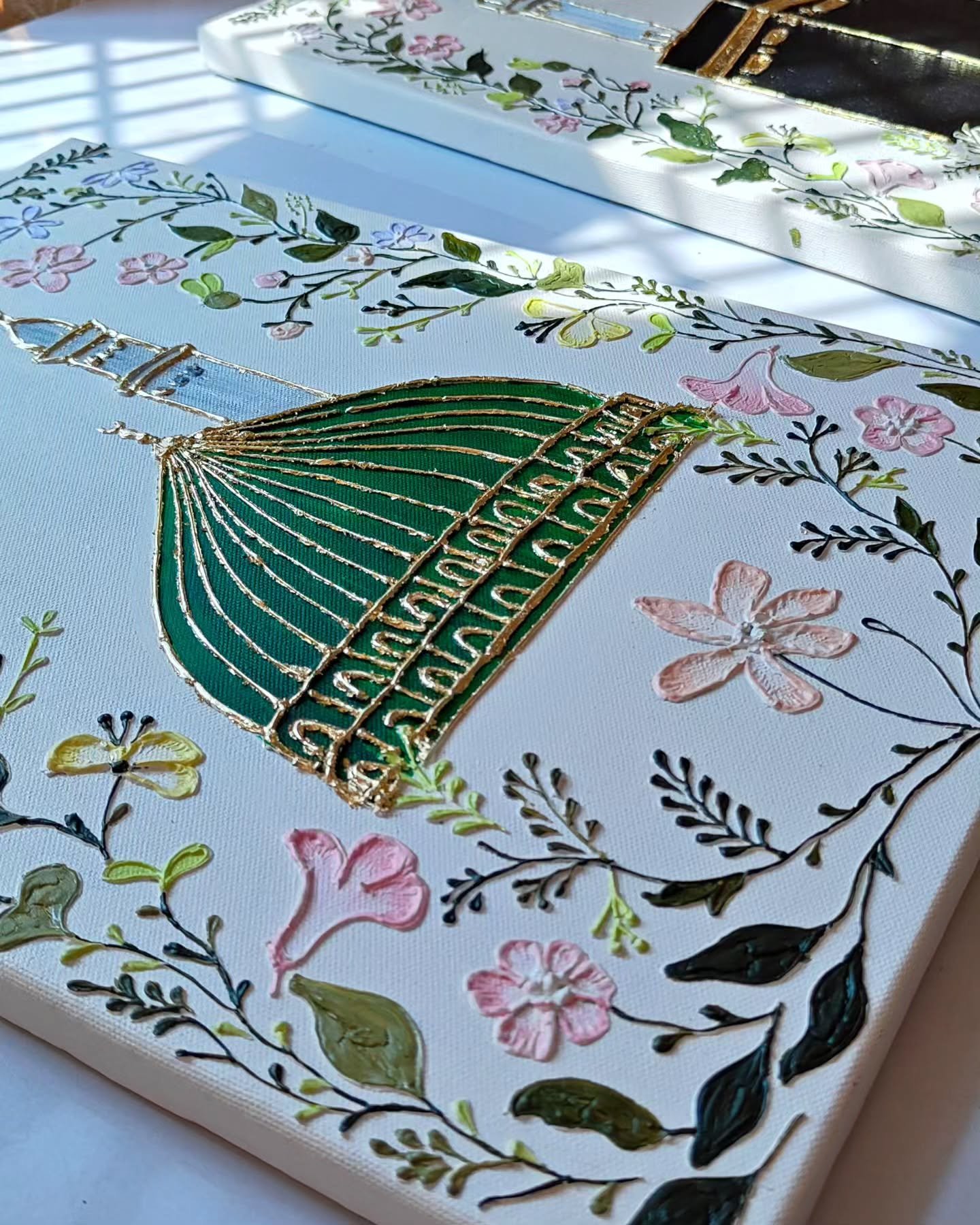 Sana_Mirza_Calligraphy_Art_2214 3D Floral Green Dome Wall Art Textured Madinah Painting with Gold Relief | Prophet's Mosque Islamic Art - Image 1