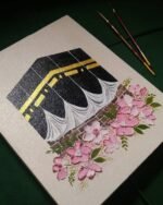 3D Floral Kaaba Wall Art  Hand-Painted Textured Islamic Painting with Pink Flowers | Luxury Makkah Decor & Hajj Gift - Image 3