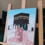 A Moment of Peace at the Kaaba Painting  Islamic Wall Art Featuring Muslim Women in Makkah | Hand-Painted Hajj & Umrah Gift