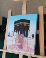 A Moment of Peace at the Kaaba Painting  Islamic Wall Art Featuring Muslim Women in Makkah | Hand-Painted Hajj & Umrah Gift
