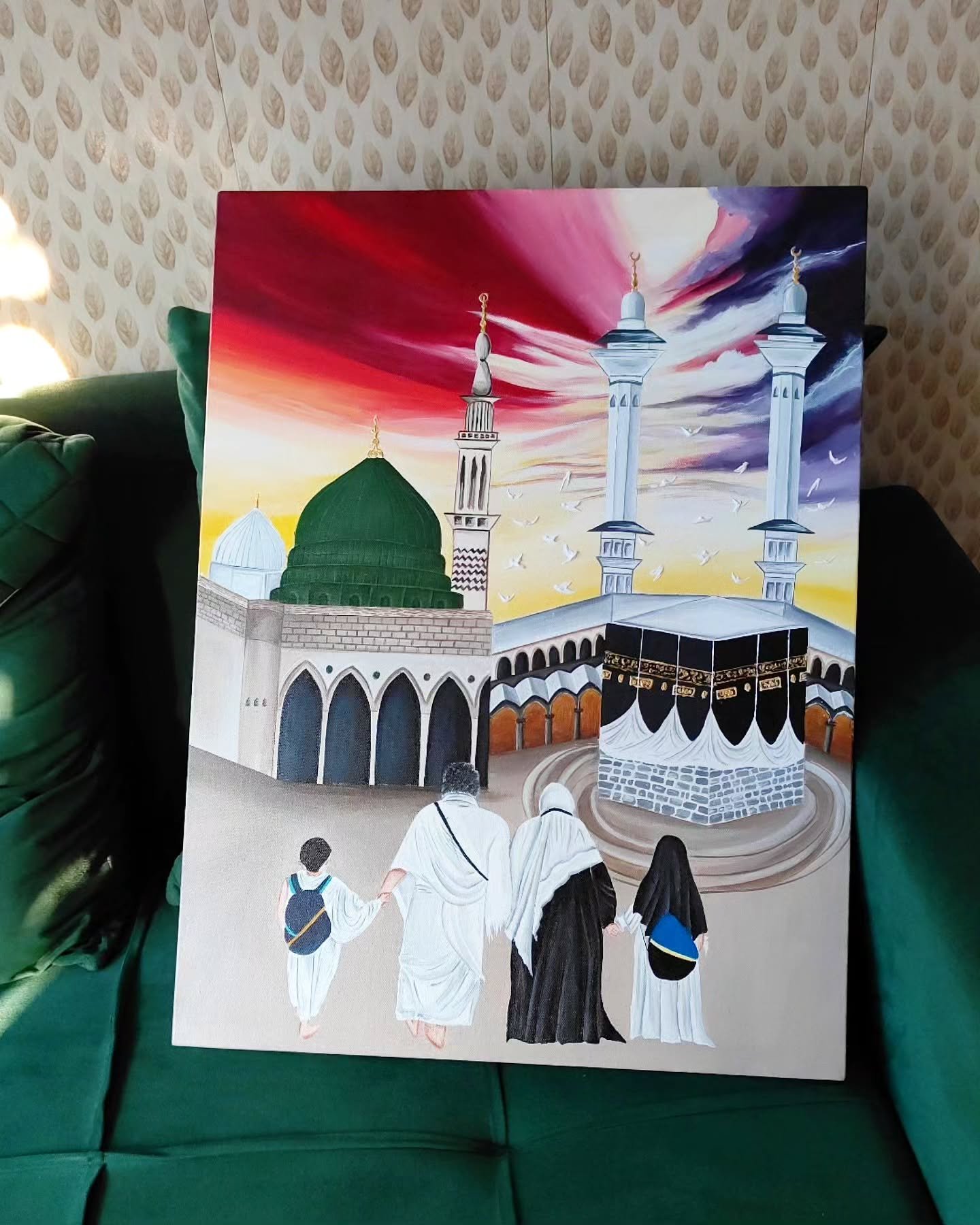 Sana_Mirza_Calligraphy_Art_281 The Family's Journey to Makkah & Madinah Painting Hand-Painted Kaaba & Green Dome Wall Art | Hajj & Umrah Islamic Decor - Image 1