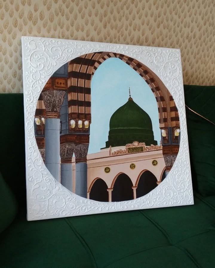 Sana_Mirza_Calligraphy_Art_309 Green Dome of Madinah 3D Wall Art Textured White Frame & Prophet's Mosque Painting | Luxury Islamic Home Decor - Image 1
