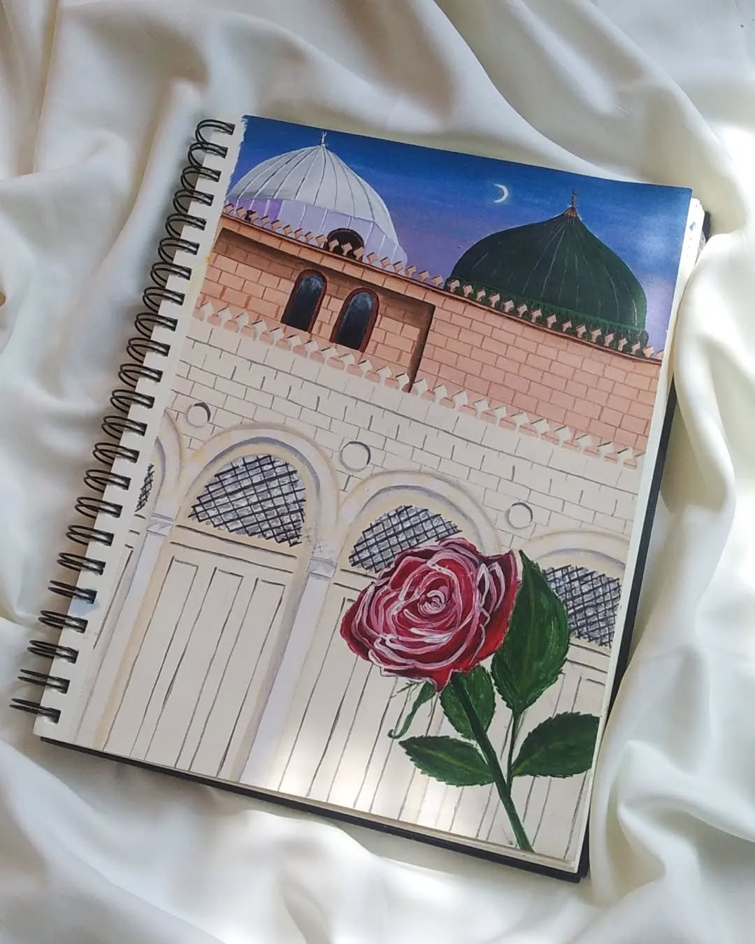 Sana_Mirza_Calligraphy_Art_321 Madinah Rose of Love Art Print Green Dome & Prophet's Mosque Painting at Night | Symbolic Islamic Wall Decor - Image 1